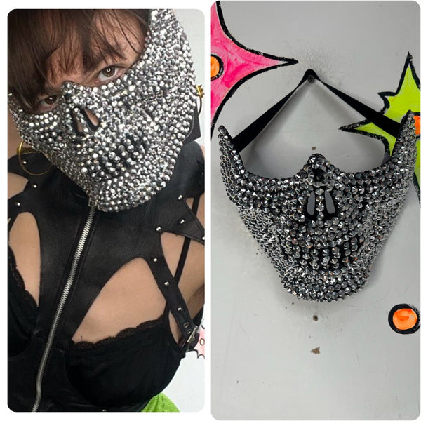 Blinged Out Half Skull Mask Rhinestone Goth Horror Cosplay Mask