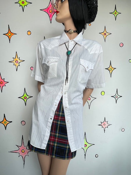 Vintage White Short Sleeve Western Button Up Shirt Pearl Snap Rodeo Cowboy XL