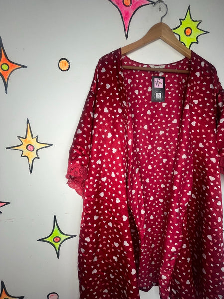 Vintage 90s Y2K Silky Red Hearts Satin Robe Fairy Grunge XL+