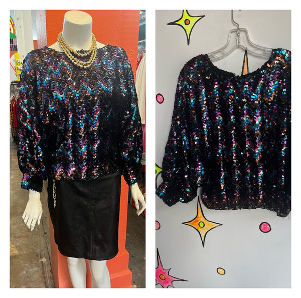 Vintage 70s 80s | Rainbow Sequin Disco Glam Dolman Sleeve Blouse Top | Free Size
