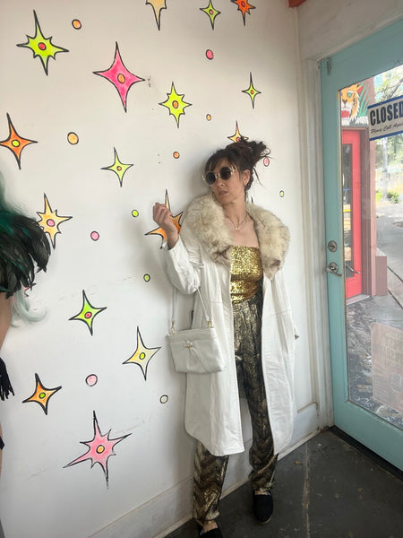 Vintage 70s White Leather Trench Coat Fur Collar Penny Lane Rockstar L