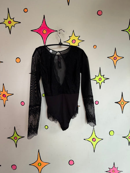 Vintage Sheer Black Lace Bodysuit Gothic Romantic Lingerie Goth Grunge S