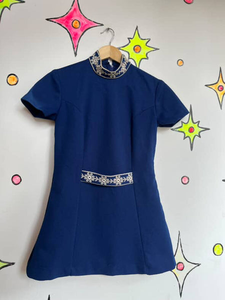 Vintage 60s Navy Micro Mini Dress - Twiggy Space Age Sears Jr Bazaar - XS/S