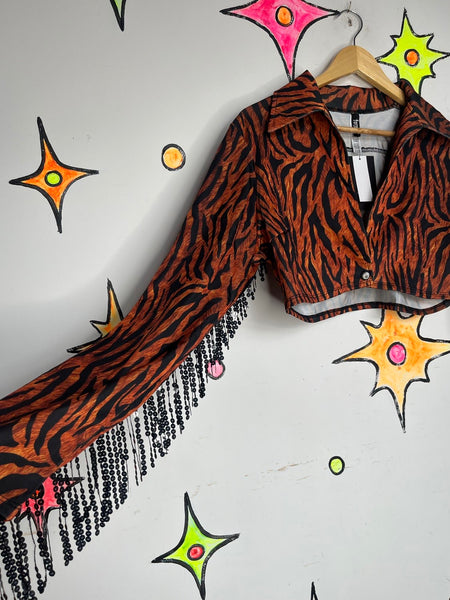 NWT Tiger Print Cowgirl Jacket Sequin Fringe Western Statement Piece Glam XL+