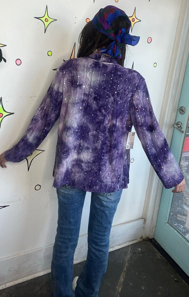 Y2K Purple Bling Tie Dye Duster Open Flowing Fairy Grunge Sparkly Cardigan L/XL