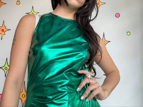Y2K Green Metallic Galactic Bodycon Mini Dress Futuristic Clubwear Disco Glam SM