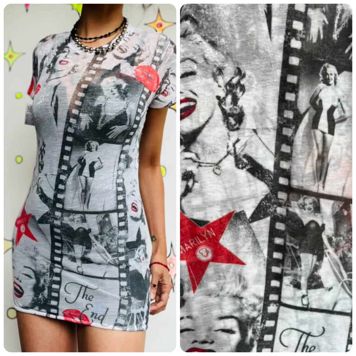 Y2K Marilyn Monroe Graphic T-Shirt or Mini Dress - Emo Fairy Grunge - Sheer - M