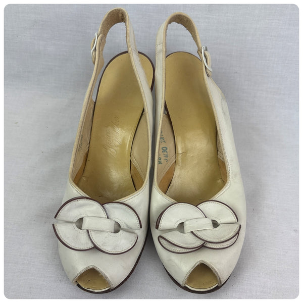 Vintage 1940s White Leather Peep Toe Slingback Heels – Pin-Up Cha Cha Style – 6