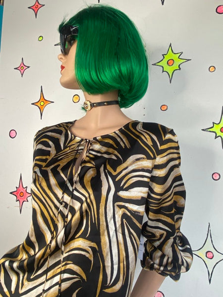 Tiger Print Blouse Balloon Sleeve Tie Neck Animal Print Evan Picone L