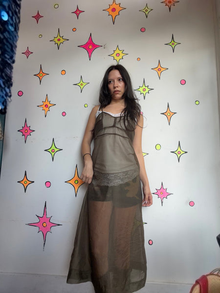 Olive Green Sheer Slip Dress Fairy Grunge Ethereal Avant Garde Y2K XS