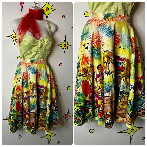 Vintage 1950s | Patio Skirt Hand Painted Western Full Swing Skirt