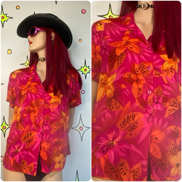 90s Hot Pink Hawaiian Sherbet Print Button Up Blouse Tropical Kitsch Retro L