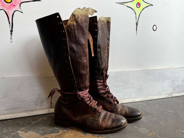 Original WWI Era U.S. Officer's Tall Leather Boots - Vintage Brown Knee-High Men's 12