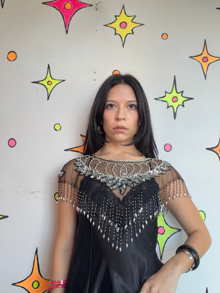 Vintage Beaded Fringe Flapper Western Collar Whimsigoth Glam Statement Cape