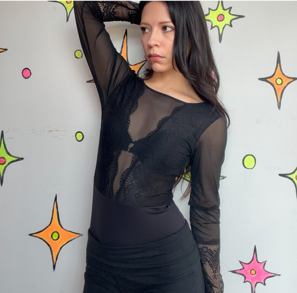 Vintage Sheer Black Lace Bodysuit Gothic Romantic Lingerie Goth Grunge S