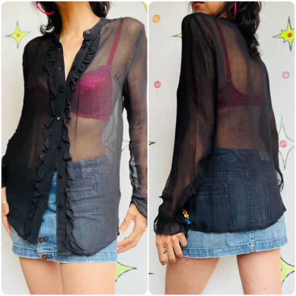 Vintage Y2K Black Sheer Ruffled Lace Babydoll Top – Goth Coquette Fairy Grunge