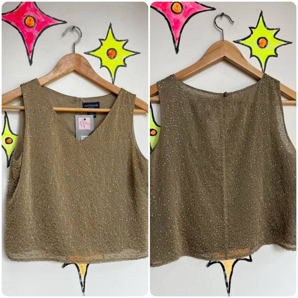 Vintage Fairy Grunge 90s Ann Taylor Gold Fully Beaded Sleeveless Shimmer Top 4P