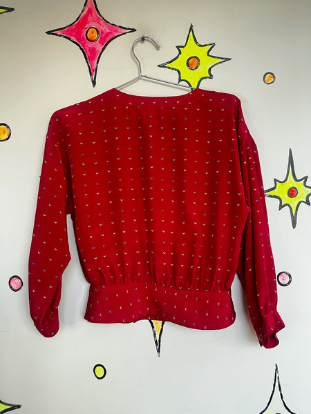Vintage 80s Pink Rainbow Polka Dot Hearts Blouse | Academia Office Charm Top | S