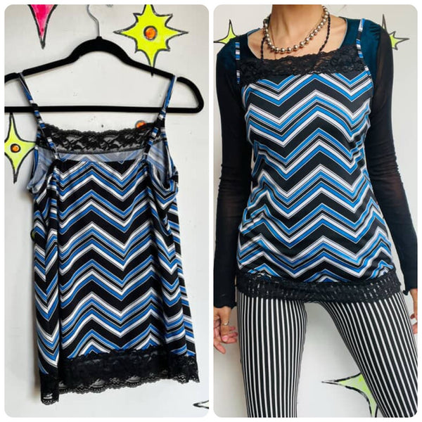 Vintage Y2k Blue Black Lace Trim Fairy Grunge Indie Sleaze Cami Camisole Top | M
