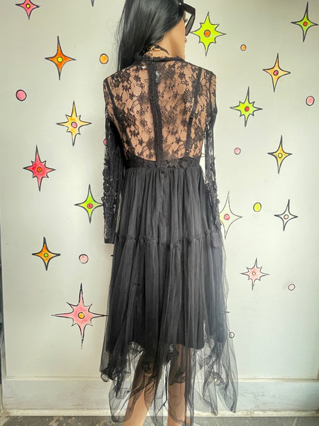 Vintage 80s Goth Lace Tulle Dress Black Romantic Vamp Tutu Maxi Prom Goth Gown S