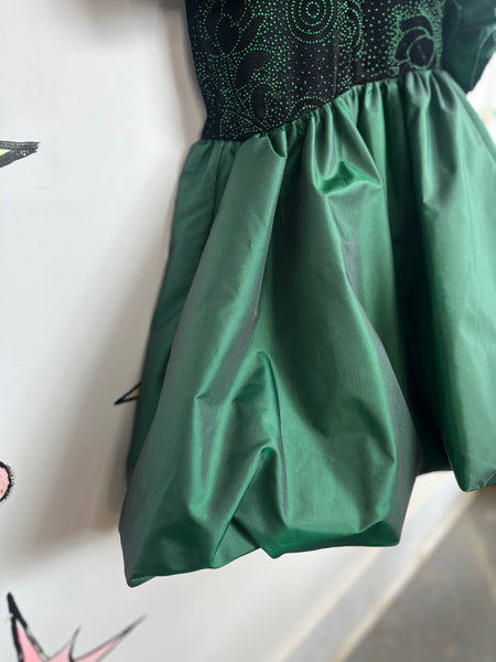 Vintage 80s Green & Black Glitter Prom Dress Poofy Bubble Hem Party Gown Size 4