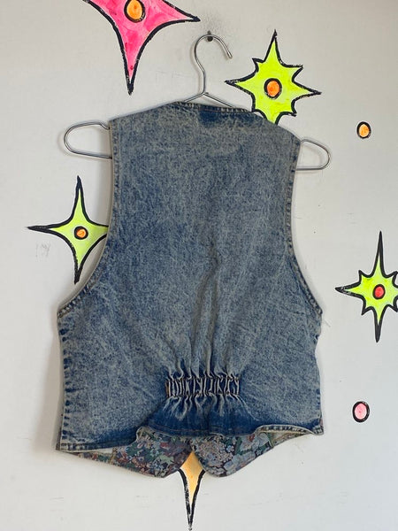 Vintage 80s 90s Cropped Floral Denim Vest ' Grunge Boho Retro Jean Vest - M
