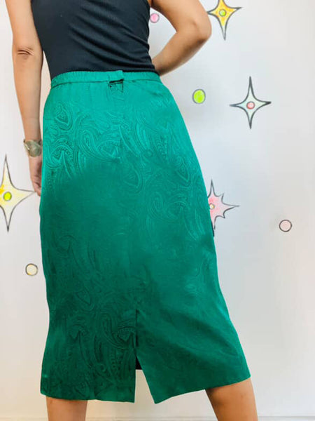 Mermaid Green 80s Silk Vintage Paisley Midi Pencil Skirt - M
