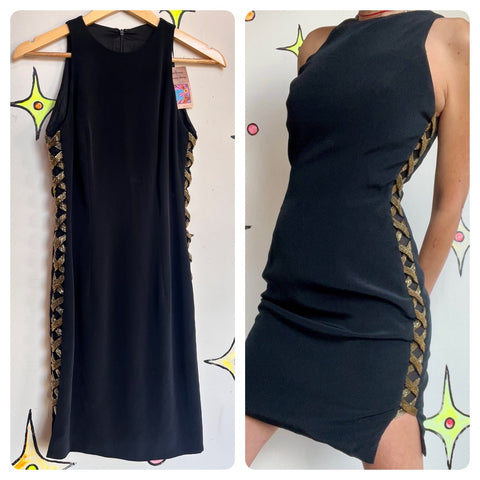 Vintage 90s Y2K | Tootsies Black & Gold Silk Beaded LBD Mini Slip Dress | Size 4
