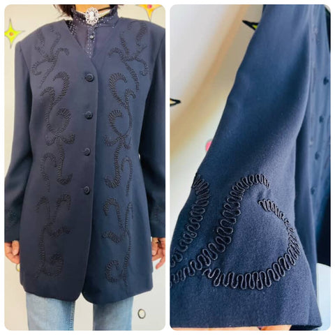 Vintage 80s 90s Navy, Black Embroidered Wearable Art Blazer Office Glam Size 12
