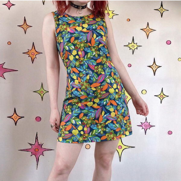 Vintage 60s 70s Rainbow Psychedelic Cotton Mini Dress MOD Hawaiian GoGo - M