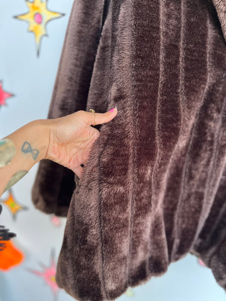 Vintage 70s 80s Y2K Brown Faux Fur Vegan Glam Mob Wife Pinup Boho Grunge Coat X+