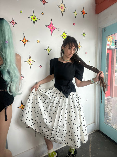 Gunne Sax 80s Party Cupcake Dress Black and White Polka Dot Poofy Crinoline S