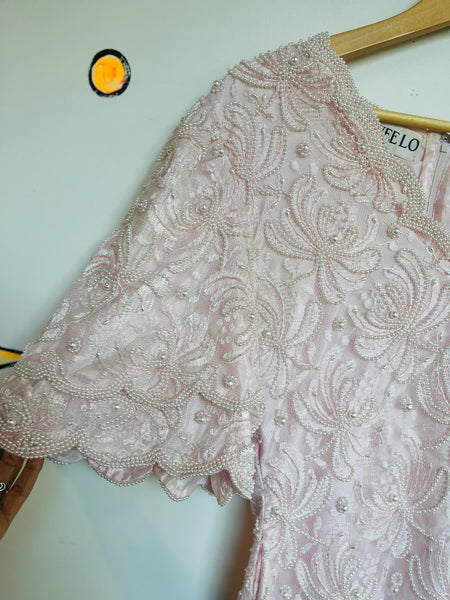 Vintage 80s Pink Pearl Beaded Lace Formal Gown Victorian Pastel Princess Dress M