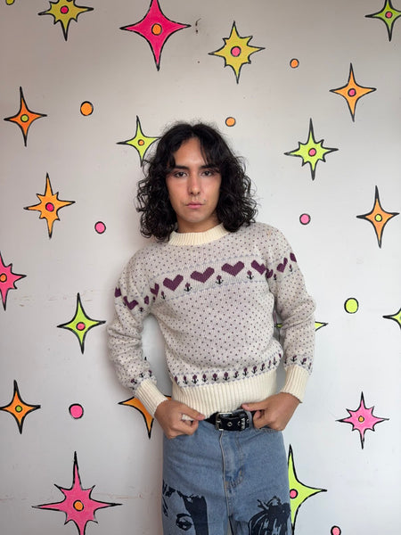 Vintage 80s Heart Sweater Romantic Retro Knit Cute Valentine Coquette Sweater SM