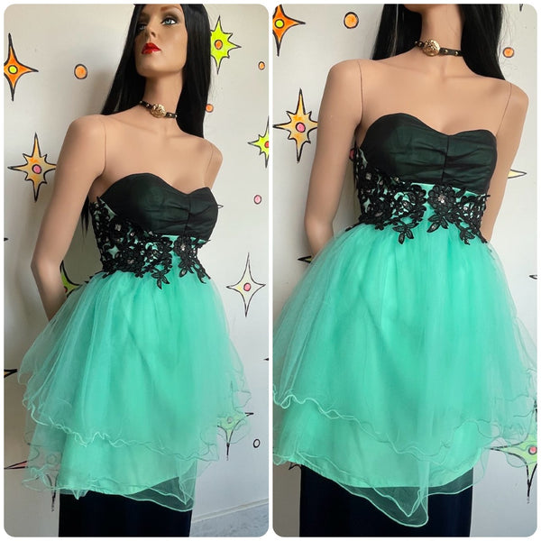 Mint Green & Black Cupcake Fairy-Core Princess Party Dress Tulle Lace Beaded - S