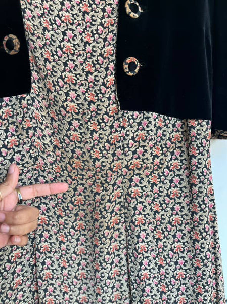 Vintage 40s Velvet Floral Print Dress | Secretary Rococo Goth, Boho Grunge | M/L