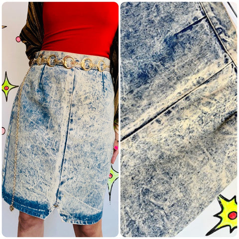 Vintage 80s | Acid Wash Denim High Waist Punk Emo 80s Party Mini Skirt | Size 9