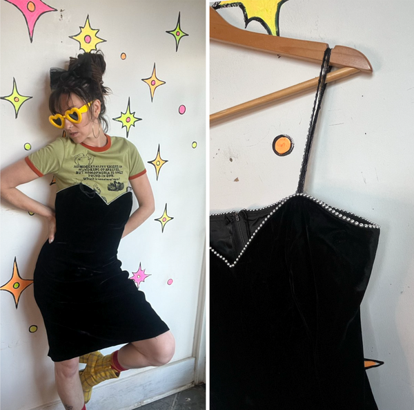 80s Black Velvet Mini Dress Goth Vamp Party Cocktail Faux Pearl Trim Dress M