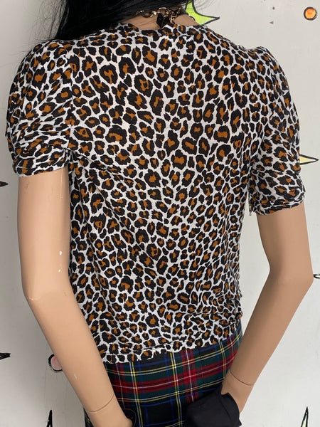 Y2K Leopard Puff Sleeve Tee Grunge Glam Rocker Grunge Top - Small