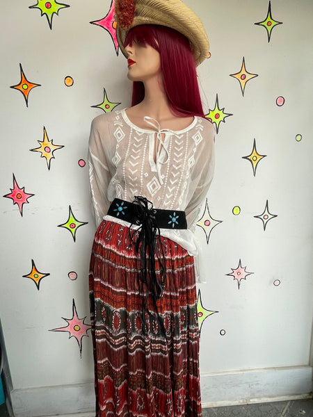 White Sheer Western Boho Embroidered Blouse Top Oversized Layering Piece XL