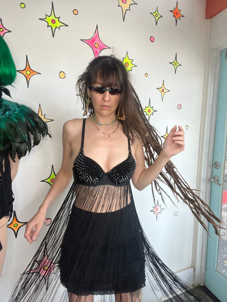 Black Spike Fringe Bra Goth Rave Metal Cosplay Grunge Rocky Horror S