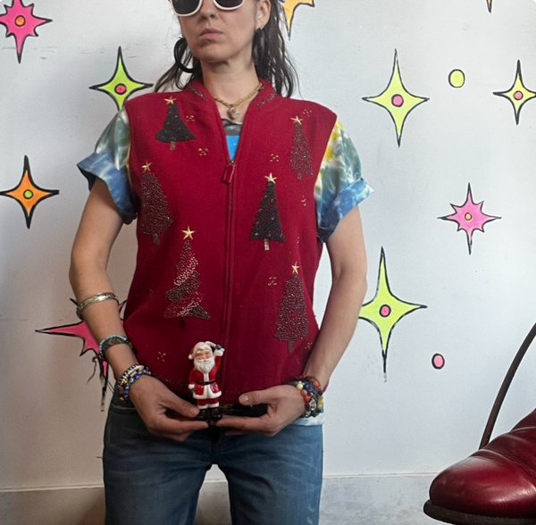 Red Ugly Christmas Sweater Vest Zip Front Tacky Holiday Party Festive Knit M/L