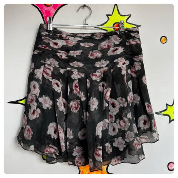 Y2K Gray w Pastel Pink Floral Print Fairy Boho Grunge Flowy Silk Mini Skirt - XS