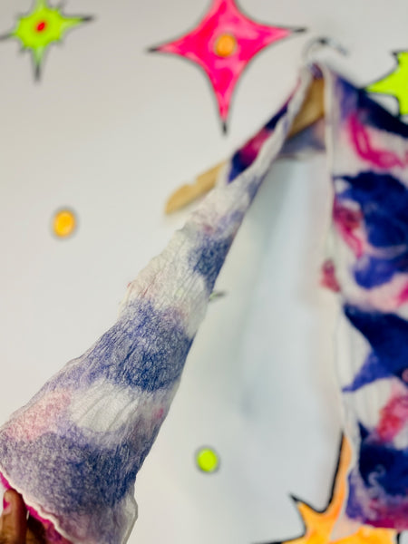 90s Nuno-Felted Abstract Art Scarf – White, Purple & Pink Fuzzy Fairy Grunge