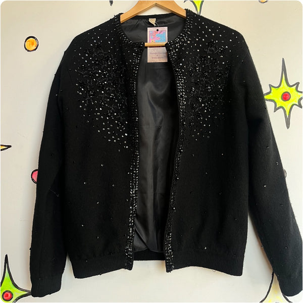 Vintage 1950s | Beaded Black Boho Grunge Whimsy Goth Wool Cardigan Sweater | M L