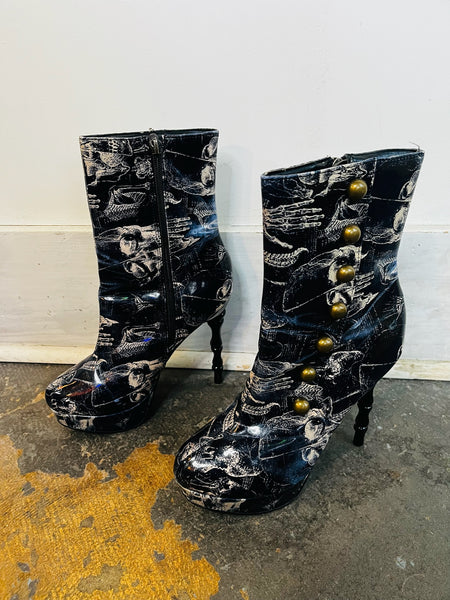 Too Fast X Ray Anatomy Skull Print Victorian Boot Rockabilly Pinup Goth - Size 8