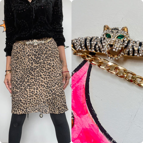 Retro 80s Style | Gold Rhinestone Tiger Belly Adjustable Chain Link Belt | OS