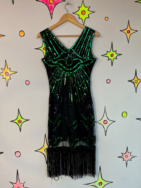 Vintage 20s Revival Fringe Flapper Disco Western Dress – Sequin Party Glam (S)