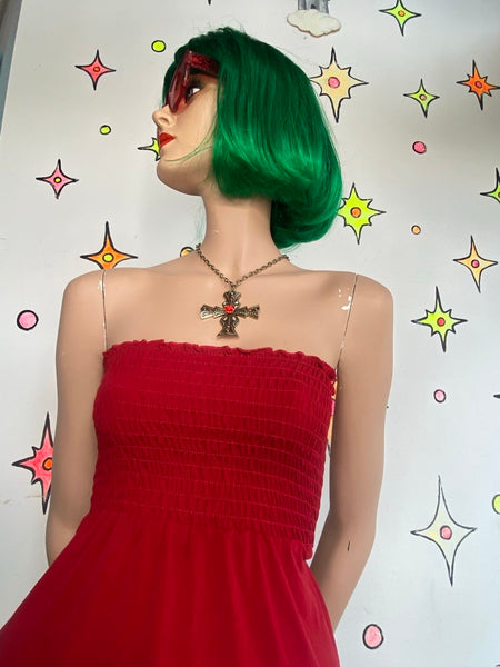 90s Red Ruched Babydoll Tube Top Trixxi Y2K Flowy Strapless Blouse S