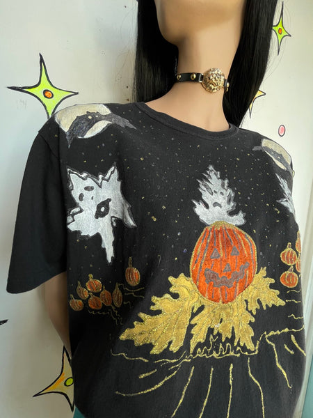 Vintage 80s Halloween Puffy Paint Tee DIY Wearable Art Graphic T Shirt L